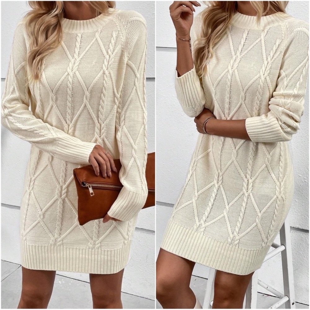 Cozy Cream Chunky Cable Oversized Sweater Dress S M L